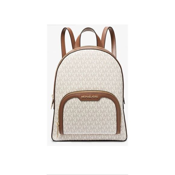 Michael Kors Jaycee Medium Zip Pocket Backpack Bag Tote Vanilla Logo Leather NWT main image 6